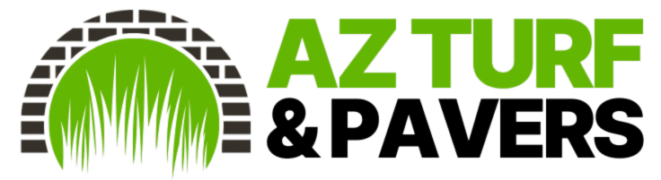 Logo for AZ Turf featuring a stylized arch of dark bricks with a green circle and grass blades inside, next to bold green text that reads AZ TURF.