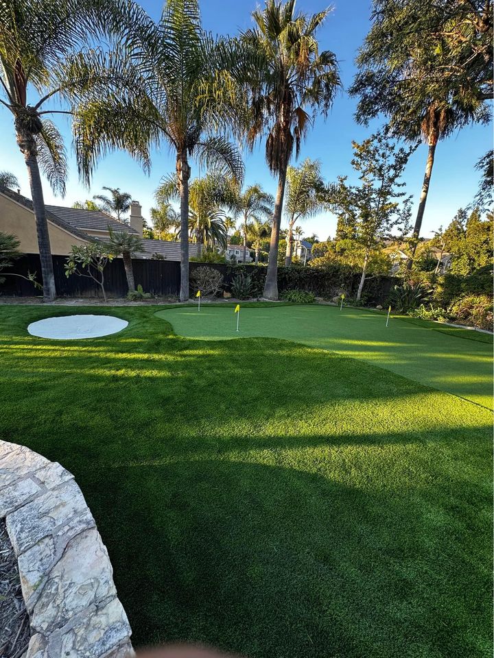 A lush backyard putting green surrounded by palm trees, with several golf flags and a small sand bunker, under a clear blue sky.