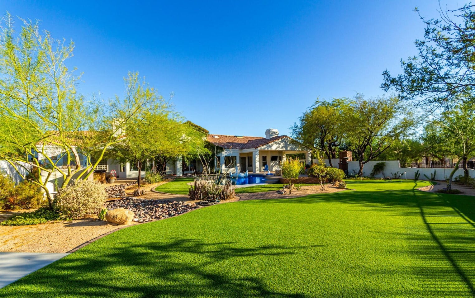 A spacious backyard features a green lawn, desert landscaping with rocks and trees, and a modern house with a covered patio and swimming pool under a clear blue sky.